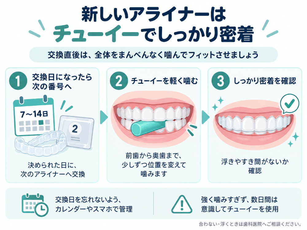 新しいアライナーはチューイーで密着させる手順。①交換日（7〜14日）に次の番号へ交換②チューイーを前歯から奥歯まで少しずつ噛む③浮きやすき間がないか確認。強く噛みすぎないよう注意