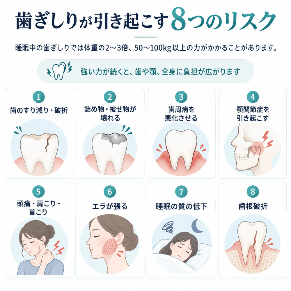 歯ぎしりが引き起こす8つのリスク（①歯のすり減り・破折 ②詰め物・被せ物が壊れる ③歯周病の悪化 ④顎関節症 ⑤頭痛・肩こり・首こり ⑥エラが張る ⑦睡眠の質の低下 ⑧歯根破折）を示す図