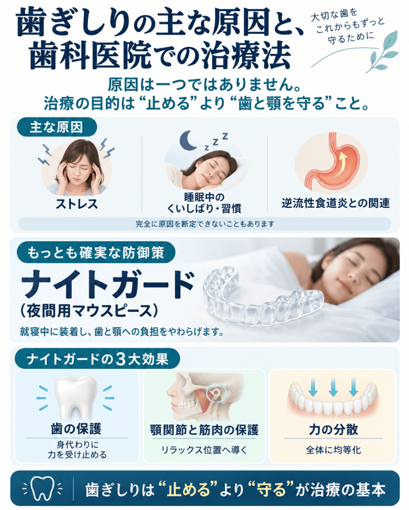 歯ぎしりの主な原因と治療法を示す図。ストレス・睡眠中の習慣・逆流性食道炎との関連という原因と、夜間用マウスピース（ナイトガード）による歯の保護・顎関節と筋肉の保護・力の分散の3大効果を解説