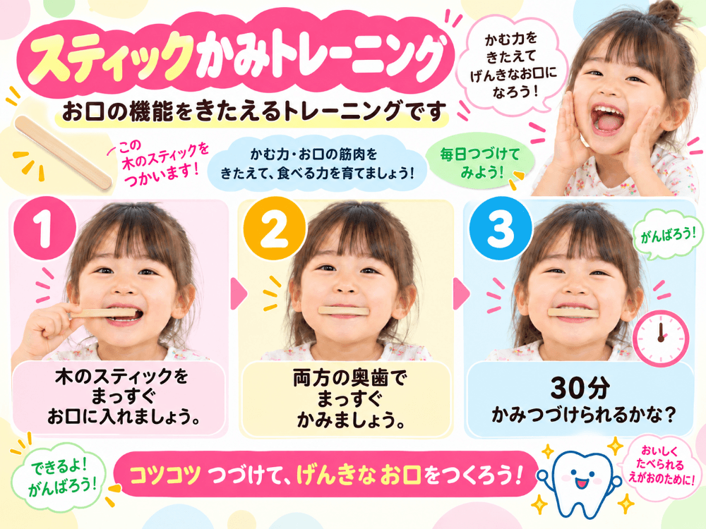 スティックかみトレーニングで噛む力を鍛える手順を3ステップで示した図解