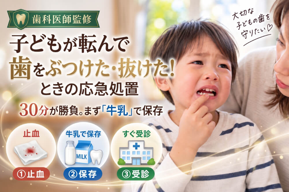 子どもが転んで歯をぶつけた・抜けたときの応急処置を歯科医師が解説する記事のアイキャッチ画像