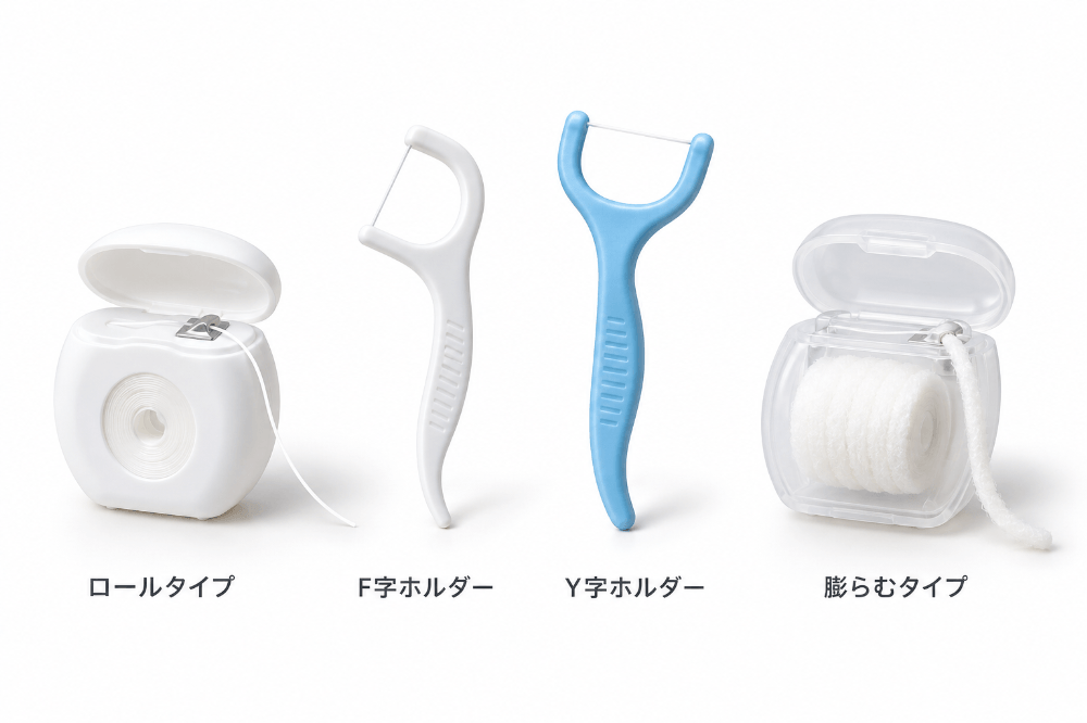 デンタルフロスの種類。ロールタイプ、F字のホルダータイプ、Y字のホルダータイプ、唾液で膨らむタイプを並べた写真
