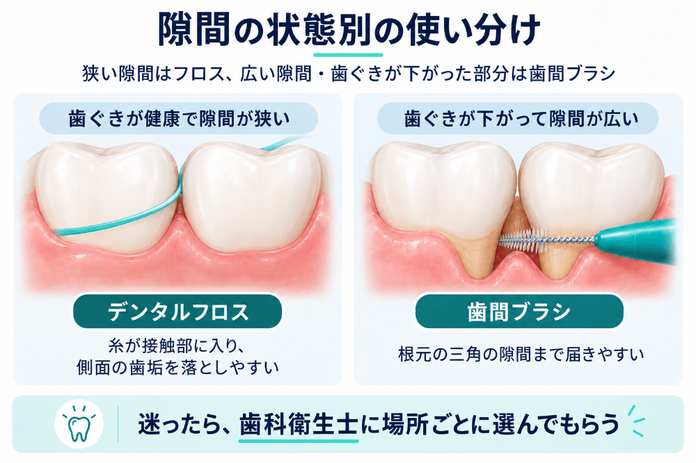 歯と歯の隙間が狭い場合はデンタルフロス、歯ぐきが下がって隙間が広い場合は歯間ブラシを使うことを示した使い分けのイラスト