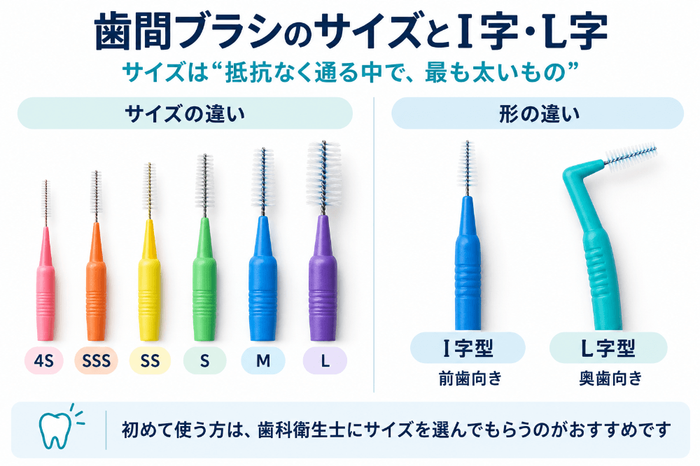 歯間ブラシのサイズの違い(4SからLまで)と、前歯向きのI字型・奥歯向きのL字型の形の違いを示した画像