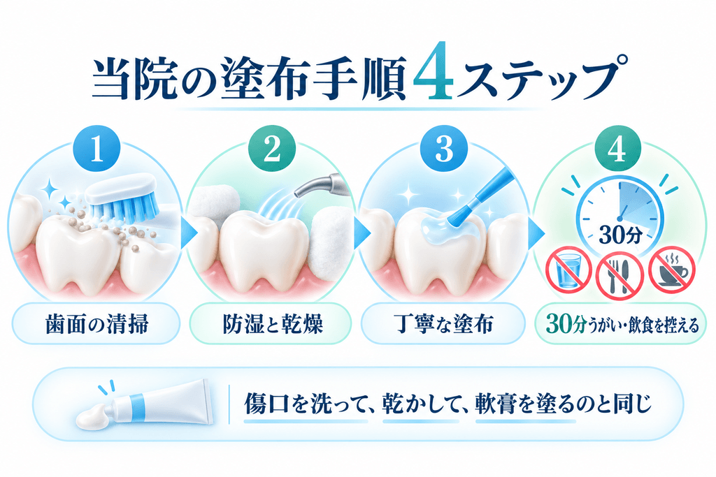 酒井歯科医院のフッ素塗布の手順。歯面の清掃、綿とエアーによる防湿と乾燥、フッ素の塗布、塗布後30分のうがいと飲食を控える4ステップの図解