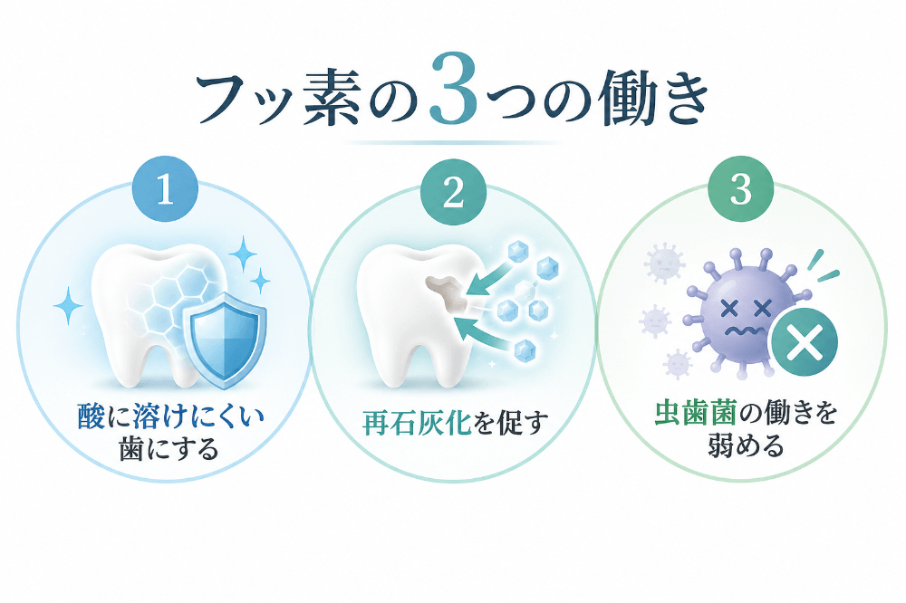 フッ素の3つの働き。歯の表面を酸に溶けにくくする、初期の虫歯の再石灰化を促す、虫歯菌が酸を作る働きを弱める、を示した図解