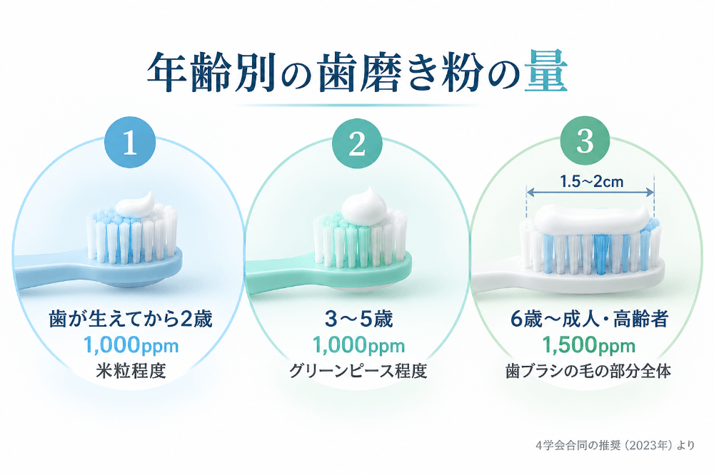 年齢別のフッ素入り歯磨き粉の量。歯が生えてから2歳は米粒程度、3〜5歳はグリーンピース程度、6歳以上は歯ブラシの毛の部分全体を示した図