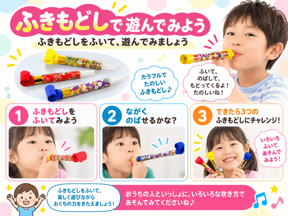 吹き戻しを吹いてお口の力を鍛える遊びの手順を示した図解