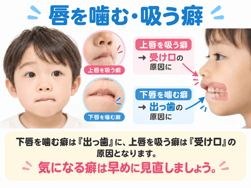 下唇を噛む癖が出っ歯に上唇を吸う癖が受け口につながることを示した図解