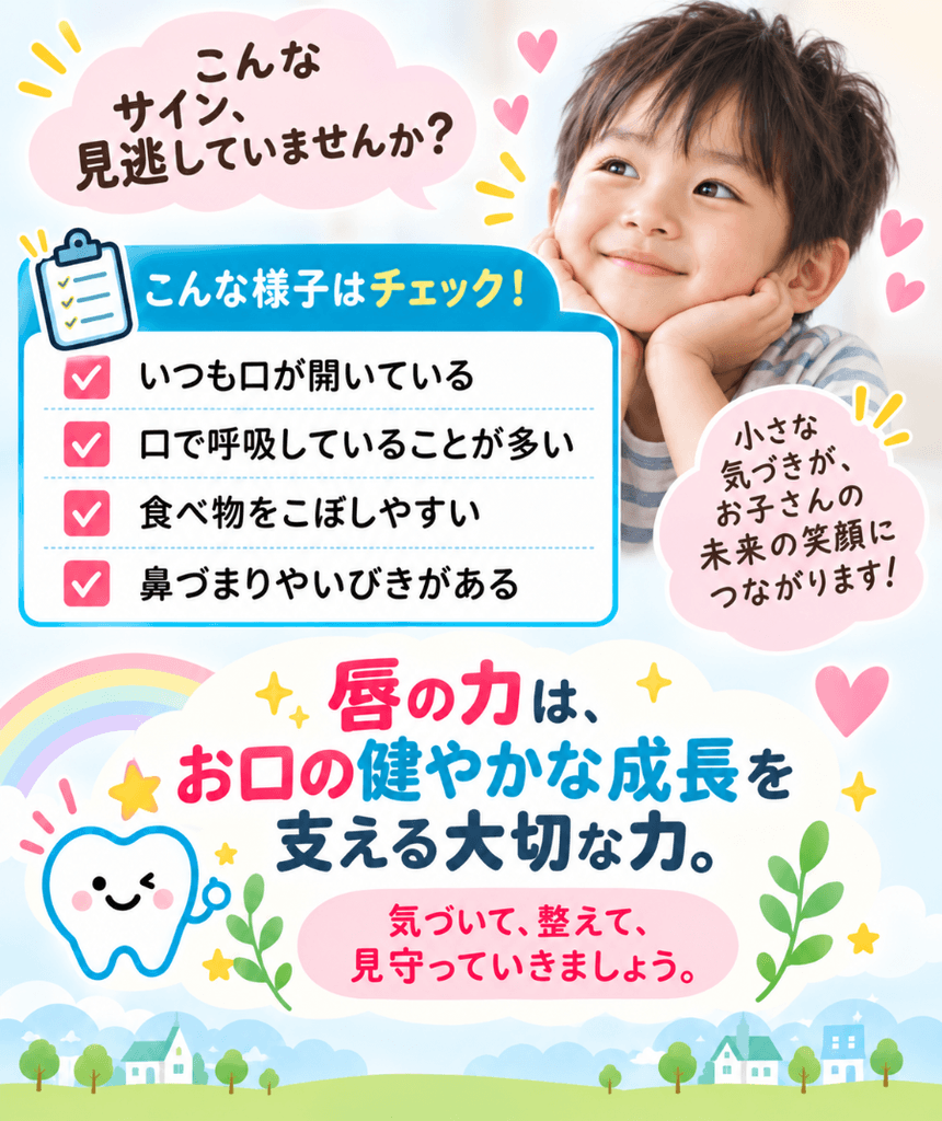 唇を閉じる力の大切さとお口ぽかんのチェックポイントを示した図解