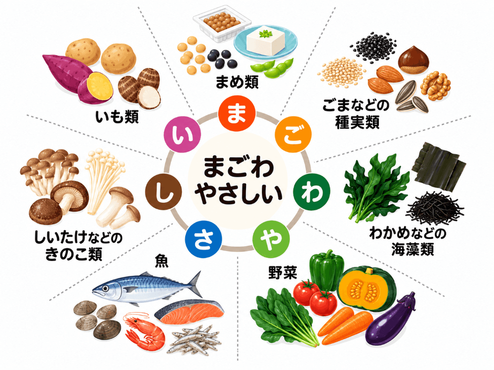 噛む力を育てる食材「まごわやさしい」の具体例をまとめた図解