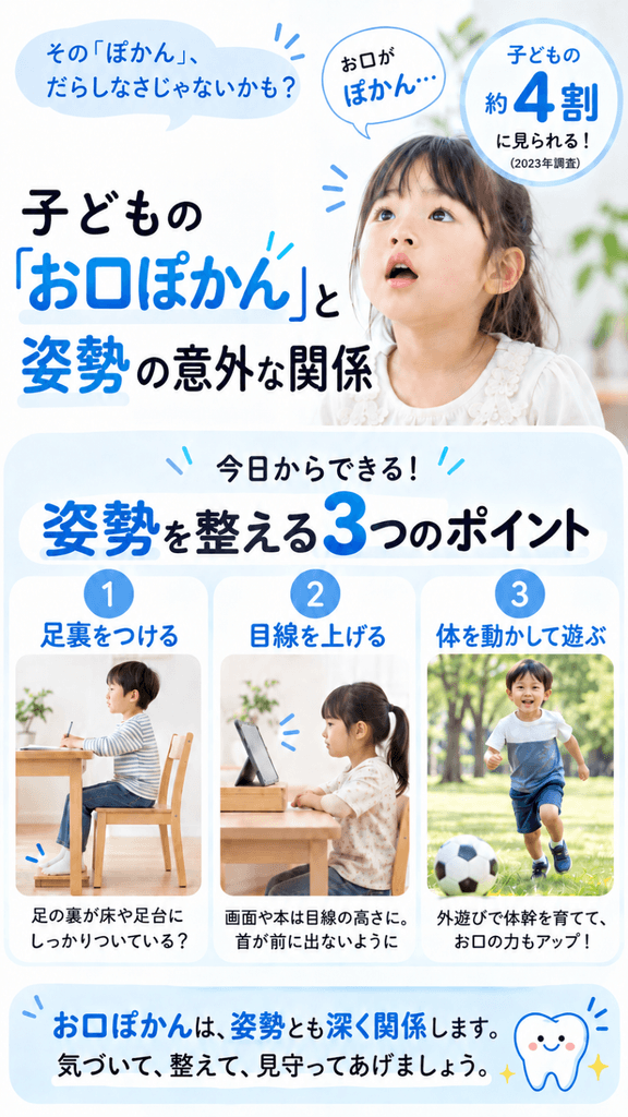子どものお口ぽかんと姿勢の関係と姿勢を整える3つのポイントを解説した図解
