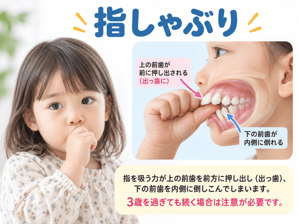 指しゃぶりが上の前歯を押し出し下の前歯を内側に倒すことを示した図解