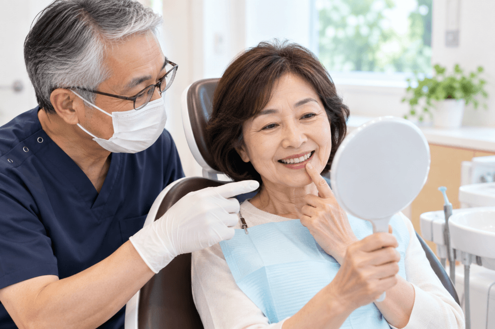 完成前の人工の歯を試適し、患者さんが手鏡で色や形を確認している様子
