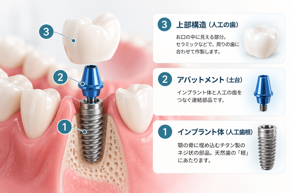 顎の骨に埋め込んだインプラント体(人工歯根)、アバットメント(土台)、上部構造(人工の歯)の3つのパーツを番号付きで示した分解図