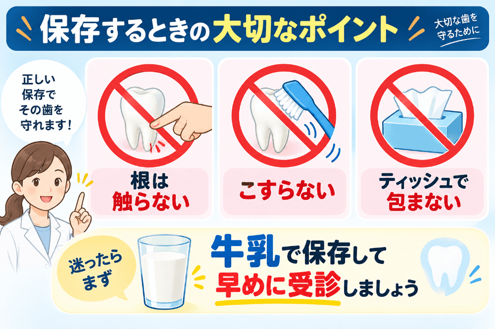 抜けた歯を保存するときのNG3つの図解|根は触らない・こすらない・ティッシュで包まない