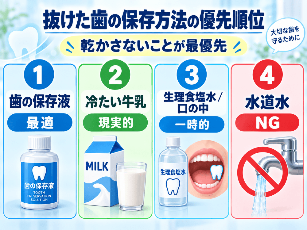抜けた歯の保存方法の優先順位を示した図解|①歯の保存液 ②冷たい牛乳 ③生理食塩水や口の中、水道水はNG