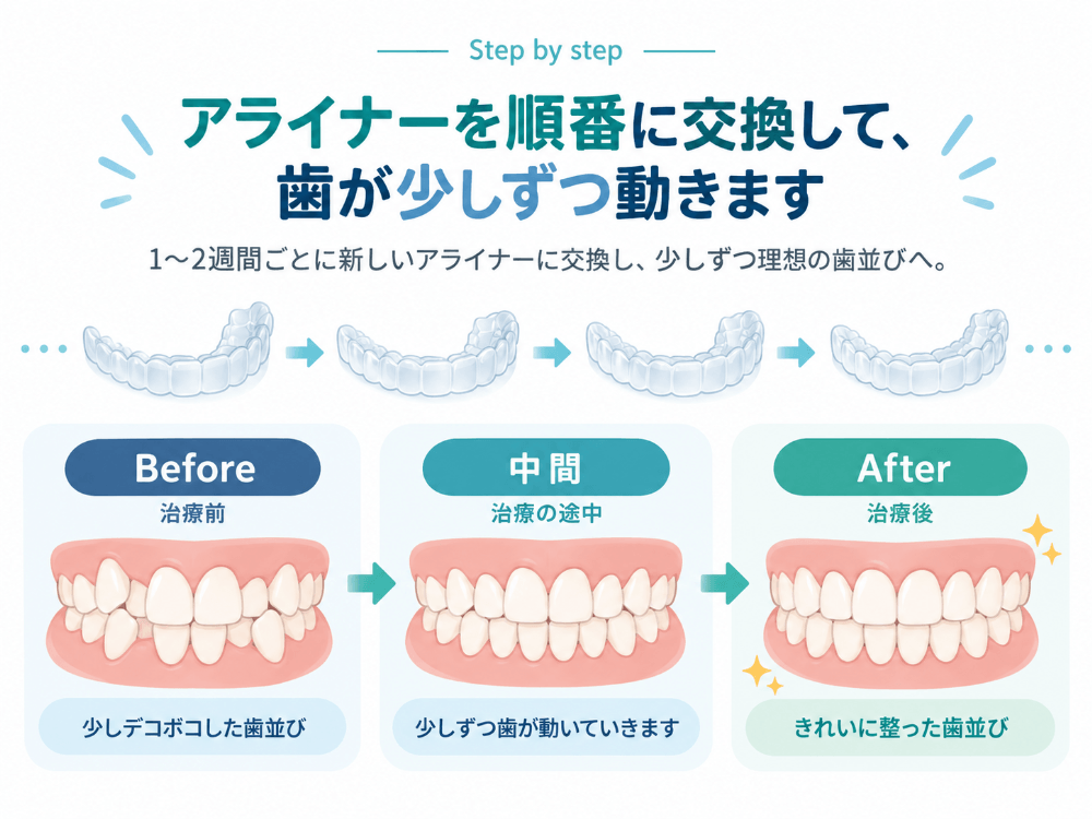 アライナーを1〜2週間ごとに順番に交換して歯が少しずつ動く仕組みの図解。治療前(デコボコ)→中間→治療後(整った歯並び)へと変化するイメージ