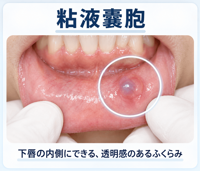 粘液嚢胞。下唇の内側にできた透明感のあるドーム状のふくらみ