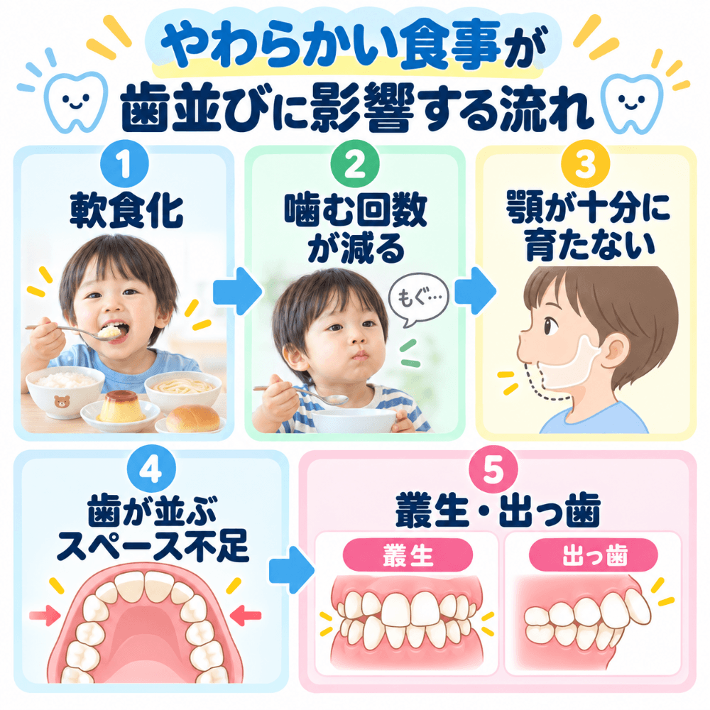 軟らかい食事が歯並びに影響する流れを示した図