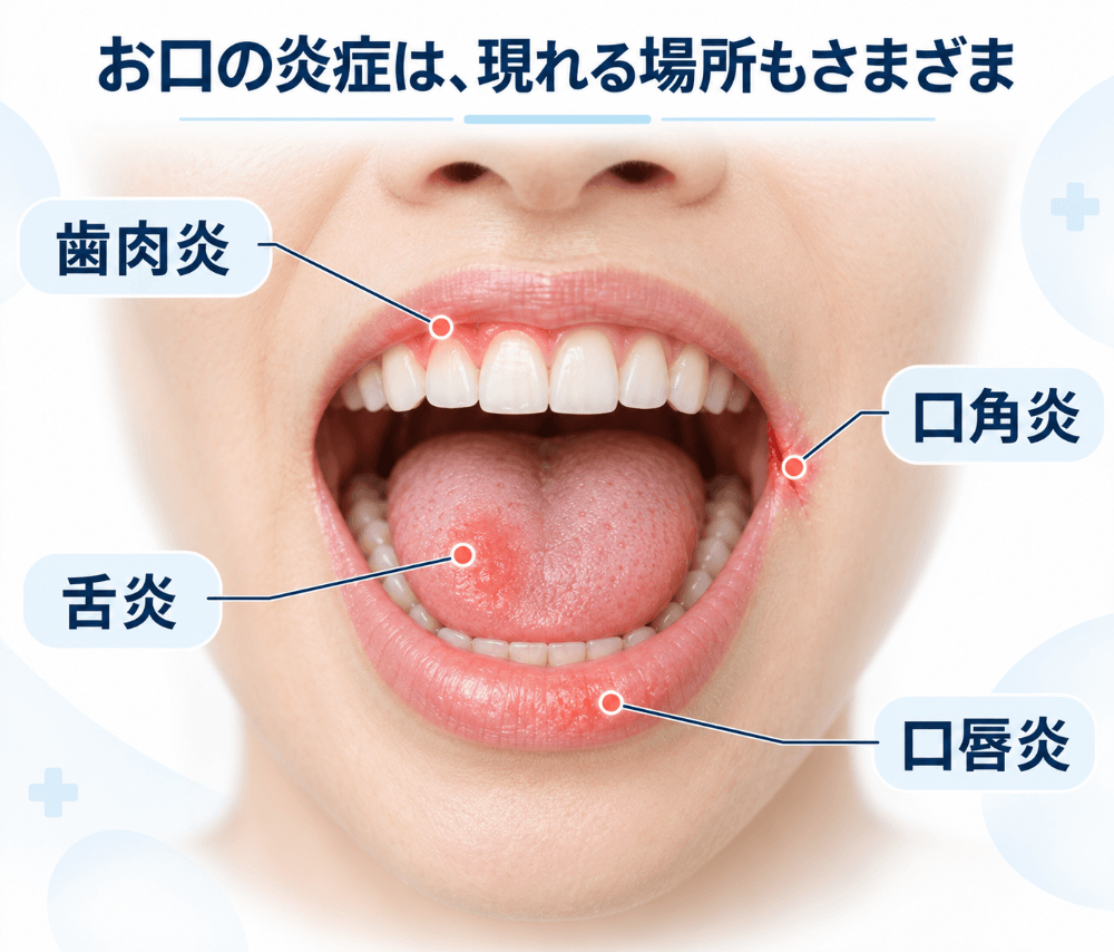 お口の炎症が現れる場所を示す図。歯ぐきの歯肉炎、口の端の口角炎、舌の舌炎、唇の口唇炎