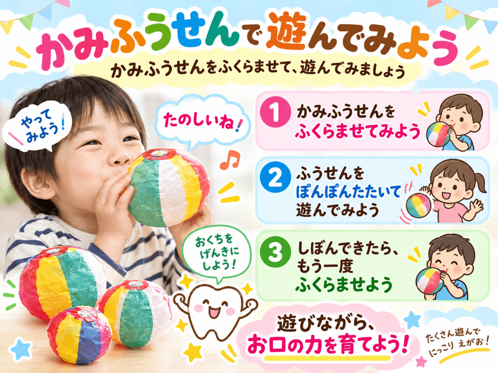 紙風船をふくらませて口唇閉鎖力を養う遊びの手順を示した図解