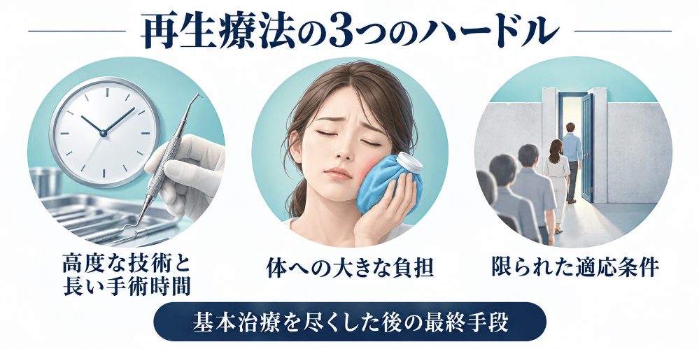 歯周組織再生療法の3つのハードルを示す図:高度な技術と長い手術時間、体への大きな負担、限られた適応条件。基本治療を尽くした後の最終手段であることを表す