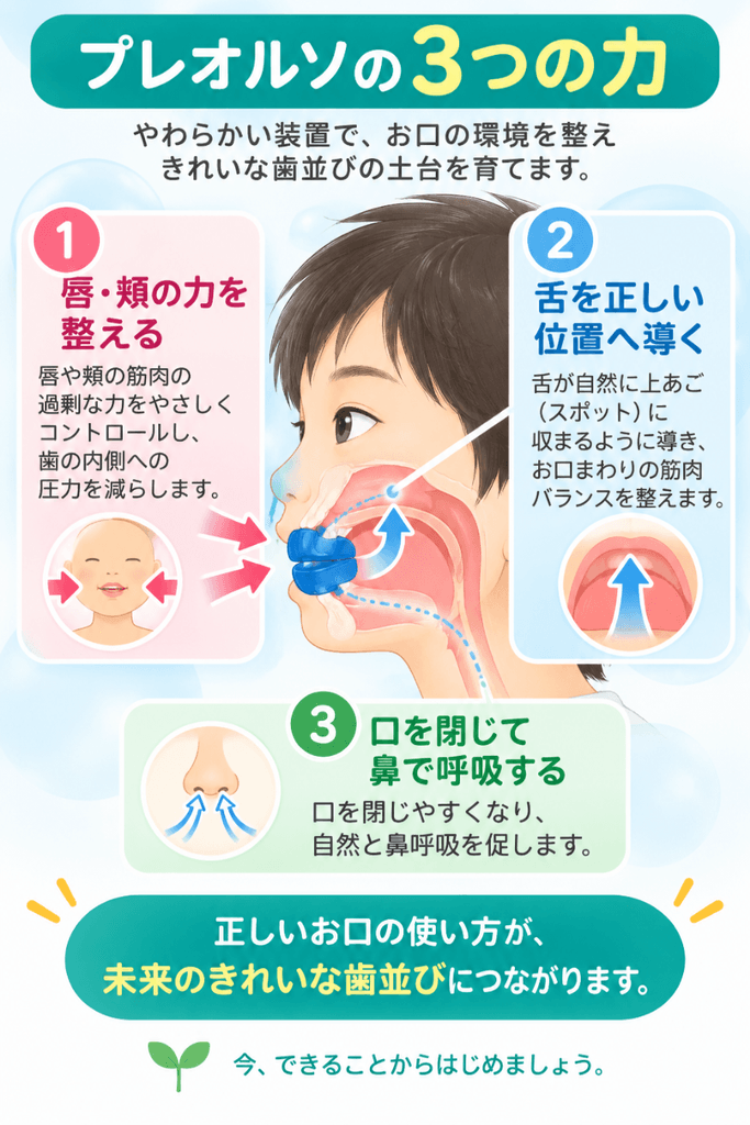 プレオルソが持つ3つの働き(唇や頬の力を整える・舌を正しい位置へ導く・鼻呼吸を促す)を示した図