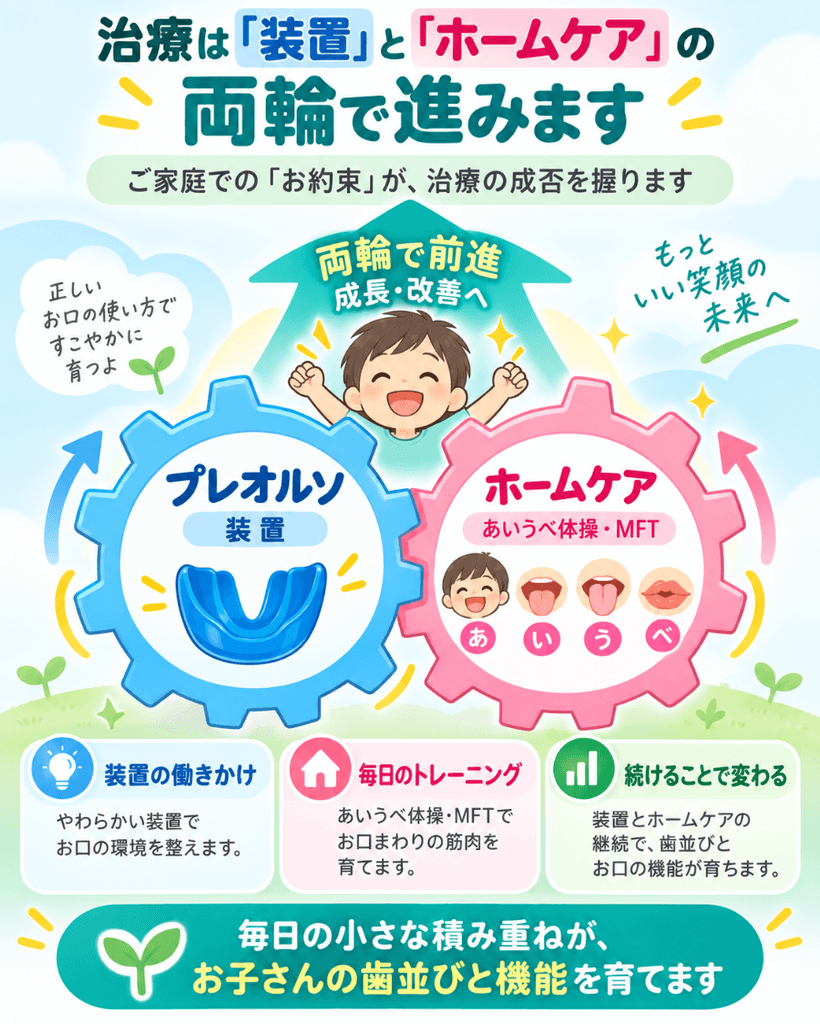 装置と家庭でのトレーニングが両輪で治療を進めることを示した図