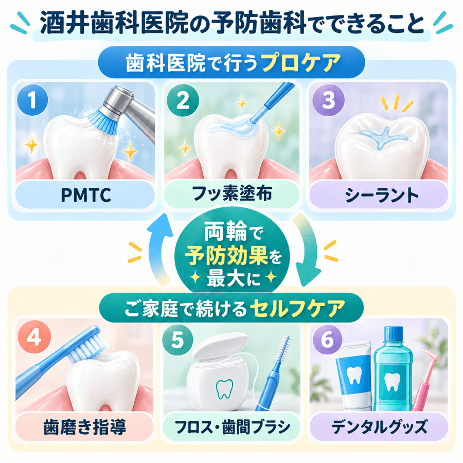 歯科医院で行うプロケア(PMTC・フッ素塗布・シーラント)とご家庭で続けるセルフケア(歯磨き指導・フロスと歯間ブラシ・デンタルグッズ)の6項目をまとめた図解
