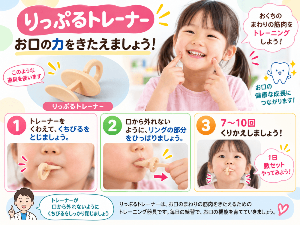 りっぷるトレーナーで口唇閉鎖力を鍛える手順を3ステップで示した図解