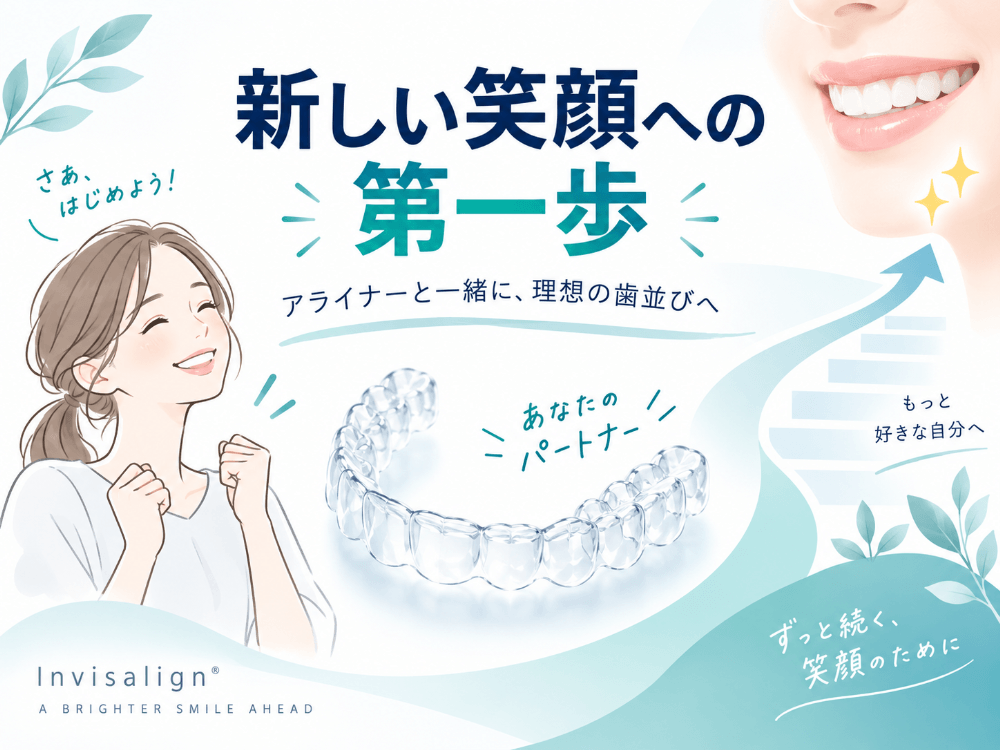 新しい笑顔への第一歩。透明なアライナーと一緒に理想の歯並びを目指す、インビザライン治療のスタートを応援するイラスト