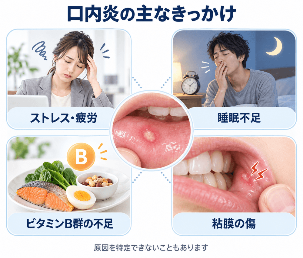 口内炎の主なきっかけを示す図。ストレスや疲労、睡眠不足、ビタミンB群の不足、粘膜の傷。原因を特定できないこともある