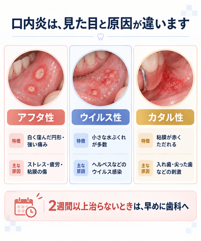 口内炎3タイプの比較図。アフタ性は白く窪んだ円形で強い痛み、ウイルス性は小さな水ぶくれが多数、カタル性は粘膜が赤くただれる。2週間以上治らないときは早めに歯科へ