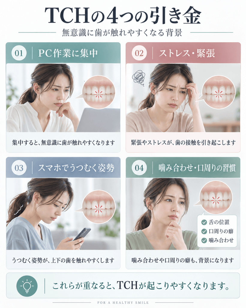TCHの4つの引き金(PC作業への集中・ストレスや緊張・スマホでうつむく姿勢・噛み合わせや口周りの習慣)を示すイラスト