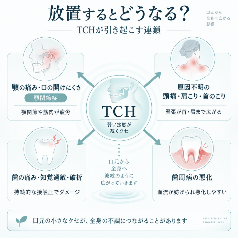 TCHを放置すると顎関節症・頭痛や肩こり・歯の痛みや破折・歯周病の悪化へ広がる連鎖を示す図
