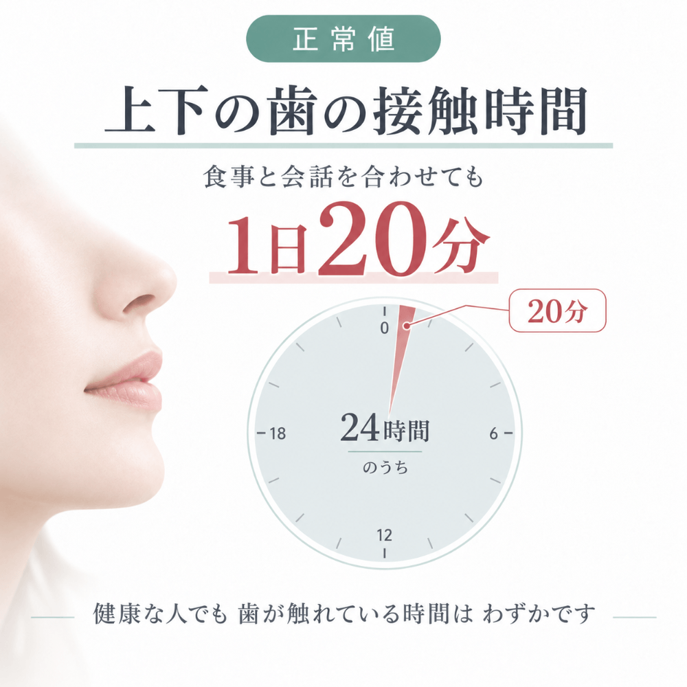 健康な人でも上下の歯の接触時間は食事と会話を合わせて1日20分程度であることを示す24時間の時計グラフ