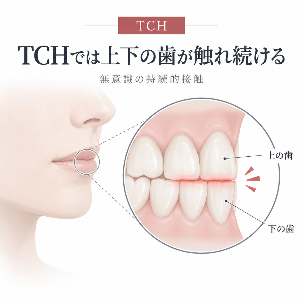 TCHでは上下の歯が無意識に触れ続けることを示すイラスト。女性の横顔と、上下の歯が接触した口元の拡大図