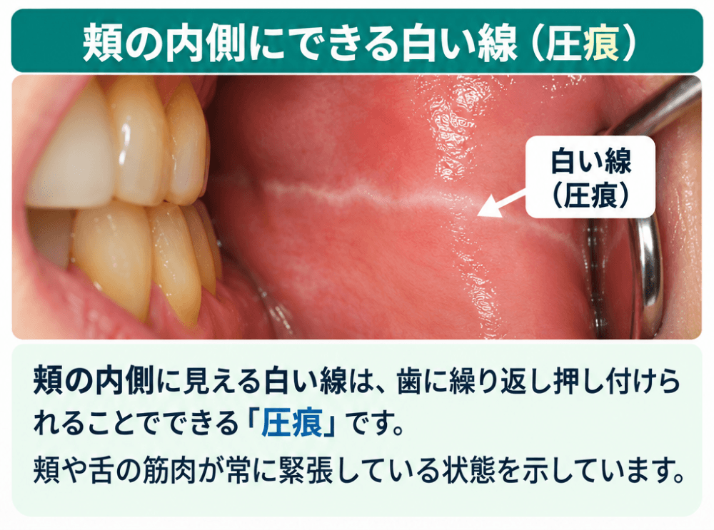 頬の内側に歯列に沿った白い線(圧痕)がみられる口腔内写真