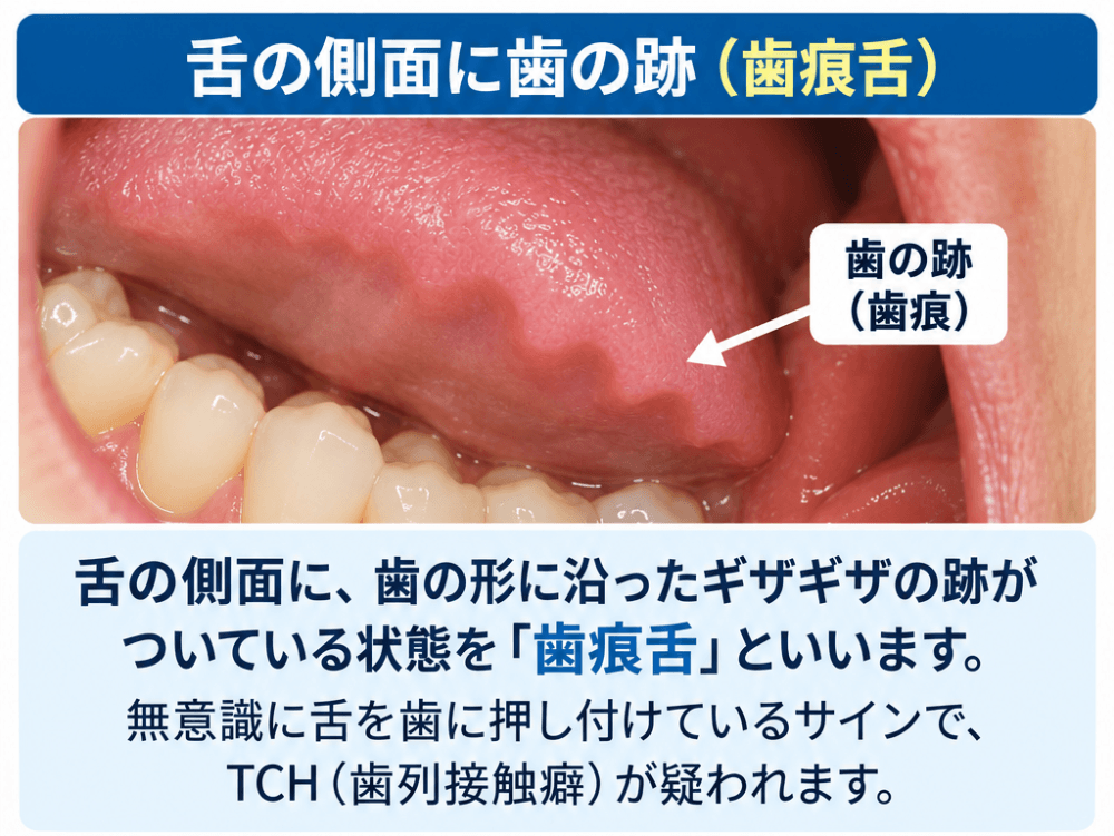 舌の側面に歯の形に沿ったギザギザの跡がついた歯痕舌の口腔内写真