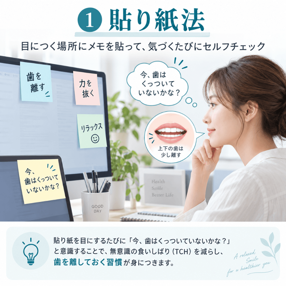 TCH対策の貼り紙法。パソコン周りに「歯を離す」などのメモを貼り、気づくたびに歯の接触をセルフチェックする女性のイラスト