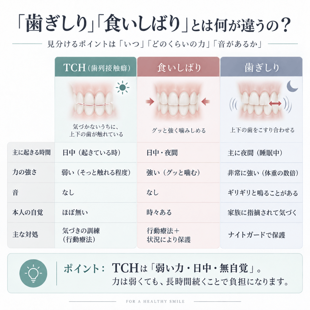 TCH・食いしばり・歯ぎしりの違いを、起きる時間・力の強さ・音・本人の自覚・主な対処法で比較した表