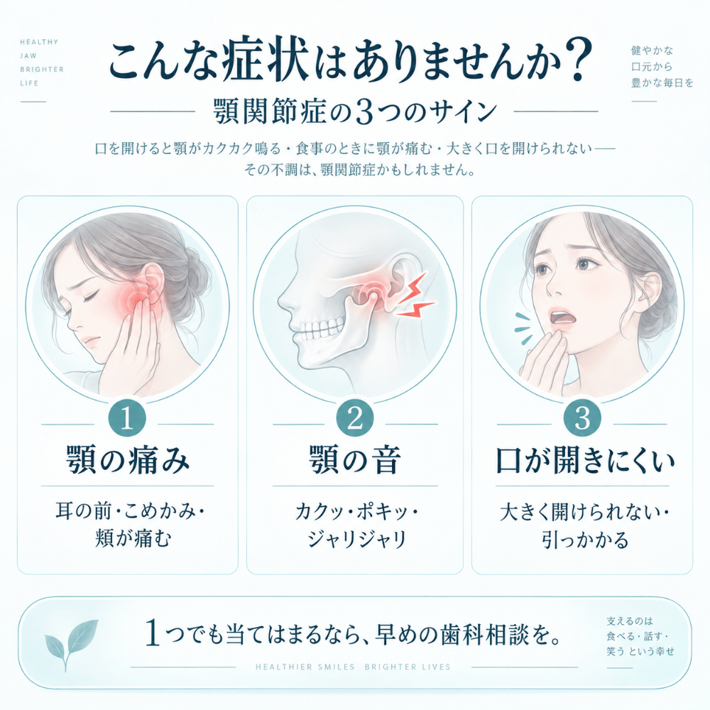 顎関節症の3つのサイン(①顎の痛み=耳の前・こめかみ・頬が痛む、②顎の音=カクッ・ポキッ・ジャリジャリ、③口が開きにくい・引っかかる)を示すイラスト