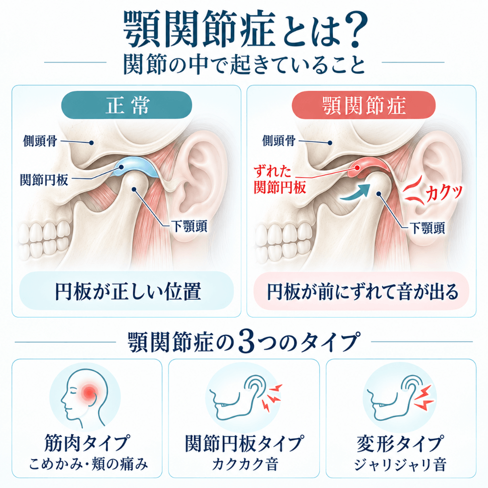 顎関節症で関節の中に起きていることを示す図。正常では関節円板が正しい位置にあり、顎関節症では円板が前にずれてカクッと音が出ることを側頭骨・下顎頭とともに図解。下部に筋肉タイプ・関節円板タイプ・変形タイプの3タイプを掲載