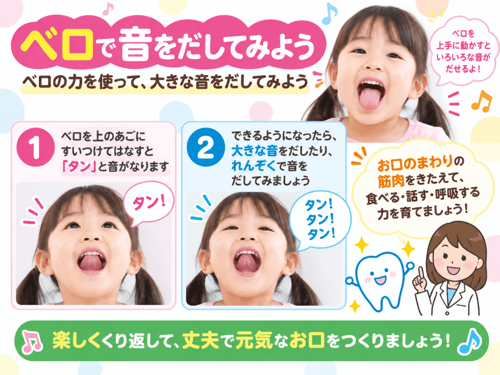 舌を上あごにつけて「タン」と音を鳴らし正しい舌の位置を覚えるトレーニングの図解