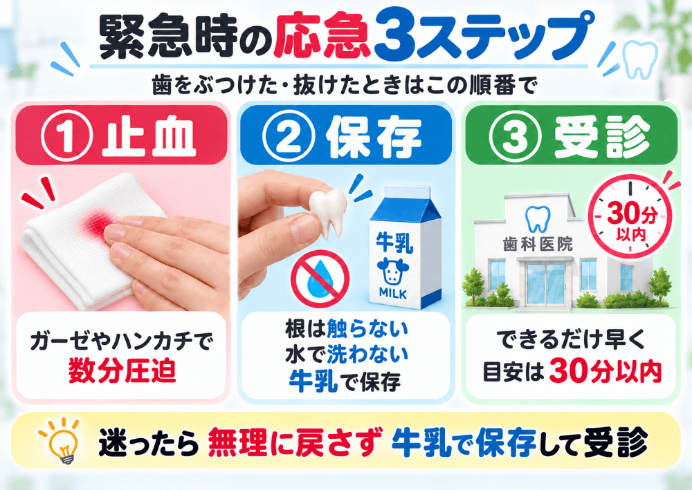 歯をぶつけた・抜けたときの応急処置3ステップの図解|①ガーゼで止血 ②牛乳で保存 ③30分以内に受診