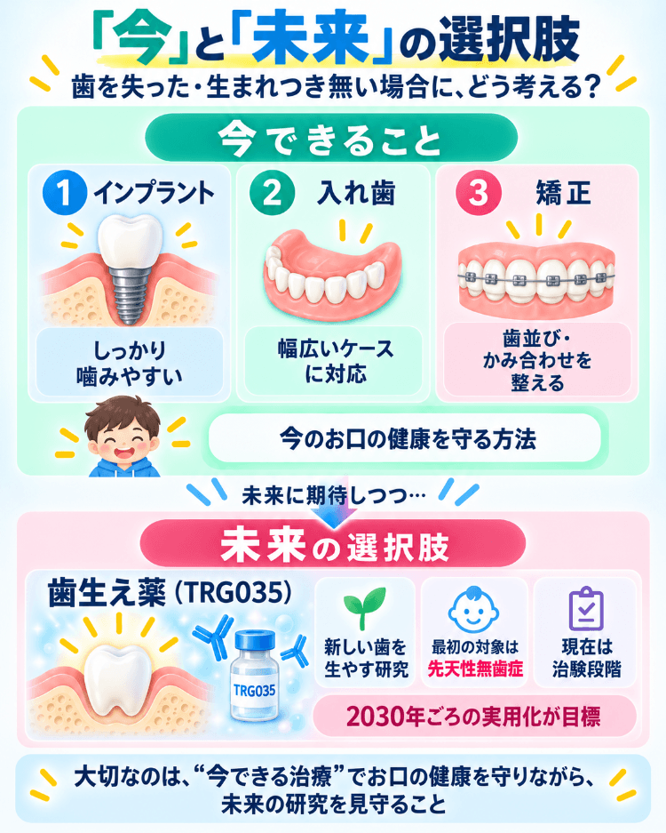 歯を失った・生まれつき無い場合の今の選択肢(インプラント・入れ歯・矯正)と未来の選択肢(歯生え薬)を比較した図