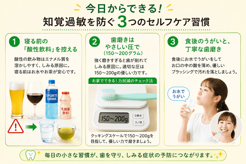 知覚過敏を防ぐ3つのセルフケア習慣の図解|寝る前の酸性飲料を控える・150〜200gの優しいブラッシング・食後のうがい