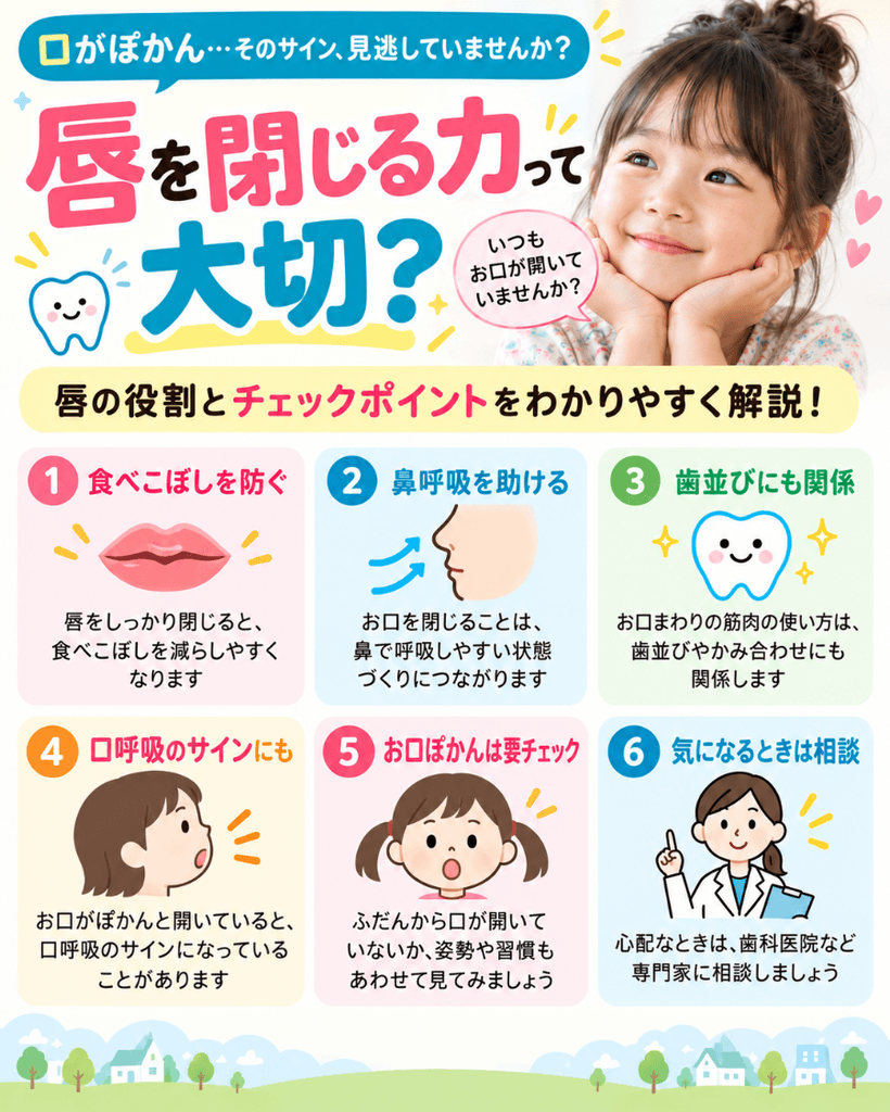 唇を閉じる力が果たす6つの役割とチェックポイントを解説した図解
