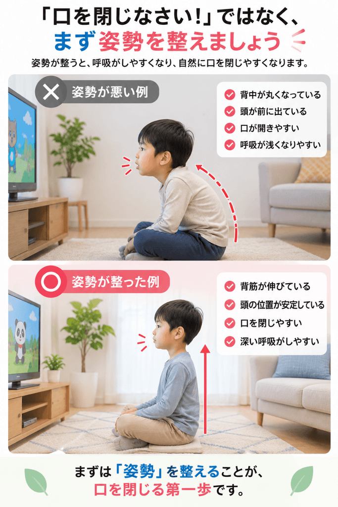 お口ぽかんと姿勢の関係を示した姿勢が悪い例と整った例の比較図解